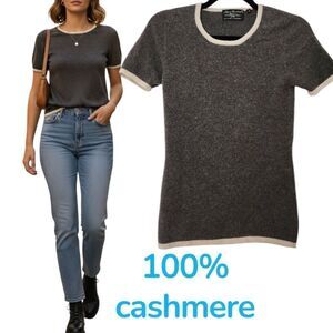 💯 Cashmere Gray Cashmere Short Sleeve Sweater White Piping S